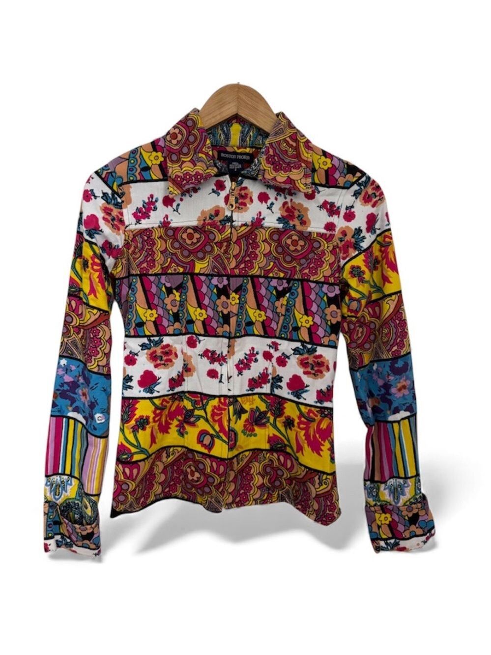 Boston Proper Mixed Print Boho Zip Front Jacket Top Patchwork Retro Style